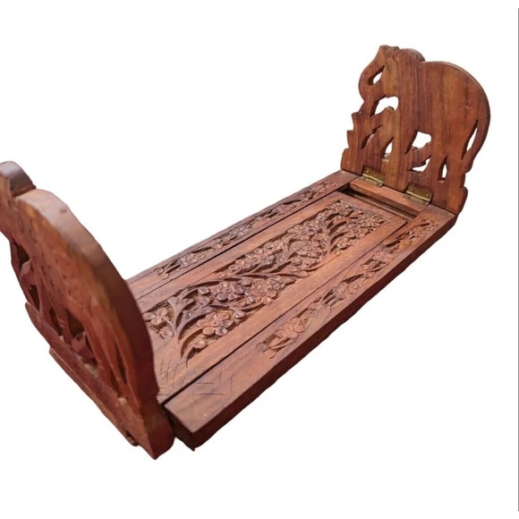 Vtg Carved Teak Expandable Elephant Shelf Book Tabletop Wood Boho India - Picture 6 of 8